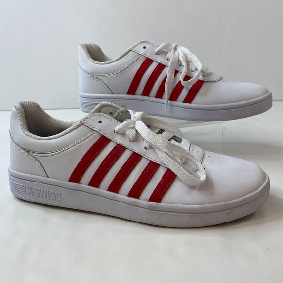 K-Swiss Mens Classic White Sneakers Red Stripes Lace-Up Style Size 8.5 - Picture 1 of 9